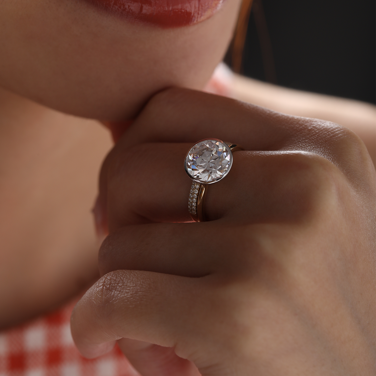 14K Yellow and White Gold 3.5ct Old European Cut Lab Diamond Bezel Engagement Ring with A Round Lab Diamond Double Row Pave Half Eternity Wedding Band - Bridal Ring Set Design 14K Yellow and White Gold 3.5ct Old European Cut Lab Diamond Bezel Engagement Ring with A Round Lab Diamond Double Row Pave Half Eternity Wedding Band - Bridal Ring Set Design