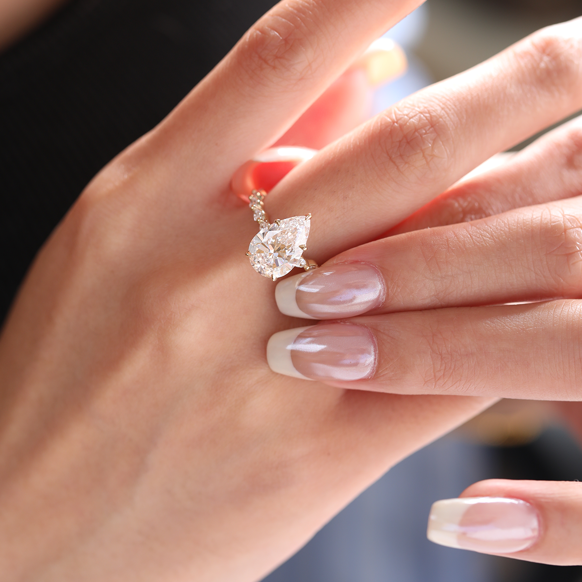 14K Yellow Gold 3ct Pear Cut Lab Diamond 5 Claw Prongs Floral Basket Engagement Ring with Marquise Cut and Round Cut Diamond Side-stones 14K Yellow Gold 3ct Pear Cut Lab Diamond 5 Claw Prongs Floral Basket Engagement Ring with Marquise Cut and Round Cut Diamond Side-stones