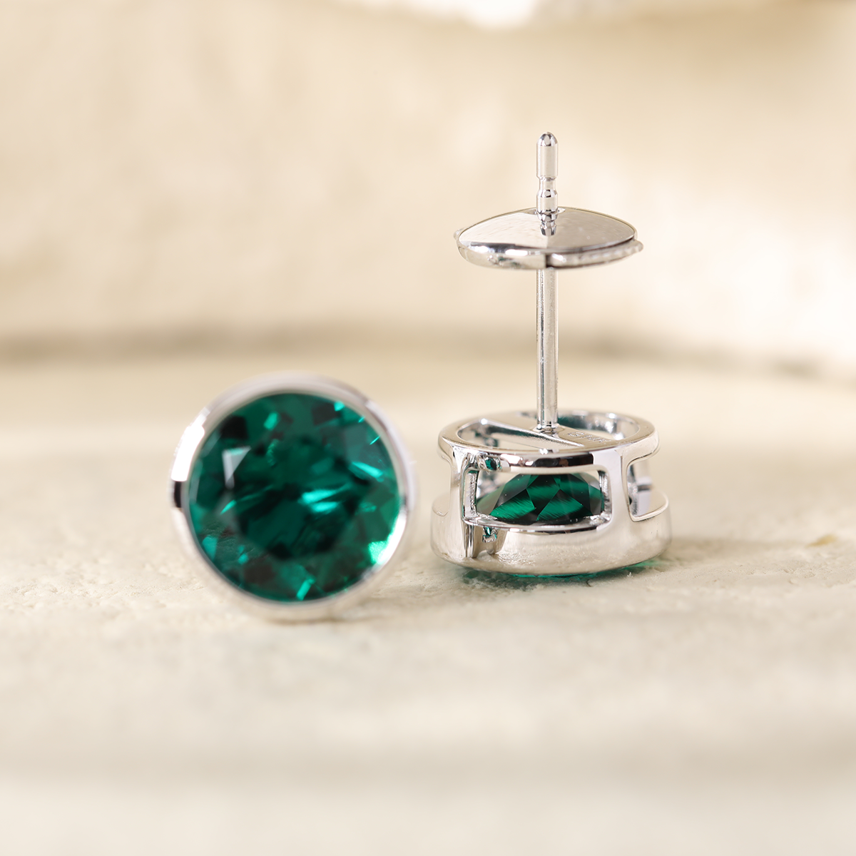 14K White Gold 3 ct tw Round Zambian Lab Emerald Bezel Stud Earrings 14K White Gold 3 ct tw Round Zambian Lab Emerald Bezel Stud Earrings
