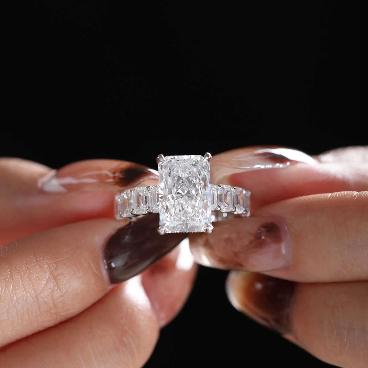 Platinum 4ct Radiant Cut Lab Diamond 4 Calw Prong Basket Ring with Round Lab Diamond Hiddden-Halo and Emerald Cut Lab Diamond Pave Platinum 4ct Radiant Cut Lab Diamond 4 Calw Prong Basket Ring with Round Lab Diamond Hiddden-Halo and Emerald Cut Lab Diamond Pave