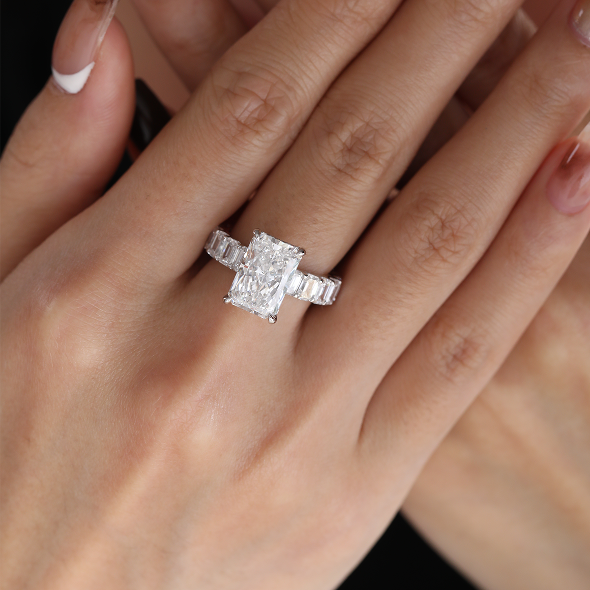 Platinum 4ct Radiant Cut Lab Diamond 4 Calw Prong Basket Ring with Round Lab Diamond Hiddden-Halo and Emerald Cut Lab Diamond Pave Platinum 4ct Radiant Cut Lab Diamond 4 Calw Prong Basket Ring with Round Lab Diamond Hiddden-Halo and Emerald Cut Lab Diamond Pave