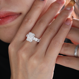 Platinum 4ct Radiant Cut Lab Diamond 4 Calw Prong Basket Ring with Round Lab Diamond Hiddden-Halo and Emerald Cut Lab Diamond Pave Platinum 4ct Radiant Cut Lab Diamond 4 Calw Prong Basket Ring with Round Lab Diamond Hiddden-Halo and Emerald Cut Lab Diamond Pave