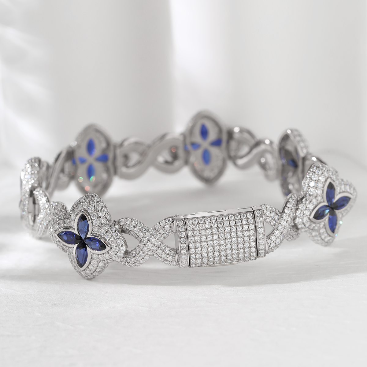 14K White Gold Round Lab Diamond Bracelet with Pear Lab Sapphire – Art Nouveau Nature-Inspired  Eternal Fleur Blue Design 14K White Gold Round Lab Diamond Bracelet with Pear Lab Sapphire – Art Nouveau Nature-Inspired  Eternal Fleur Blue Design