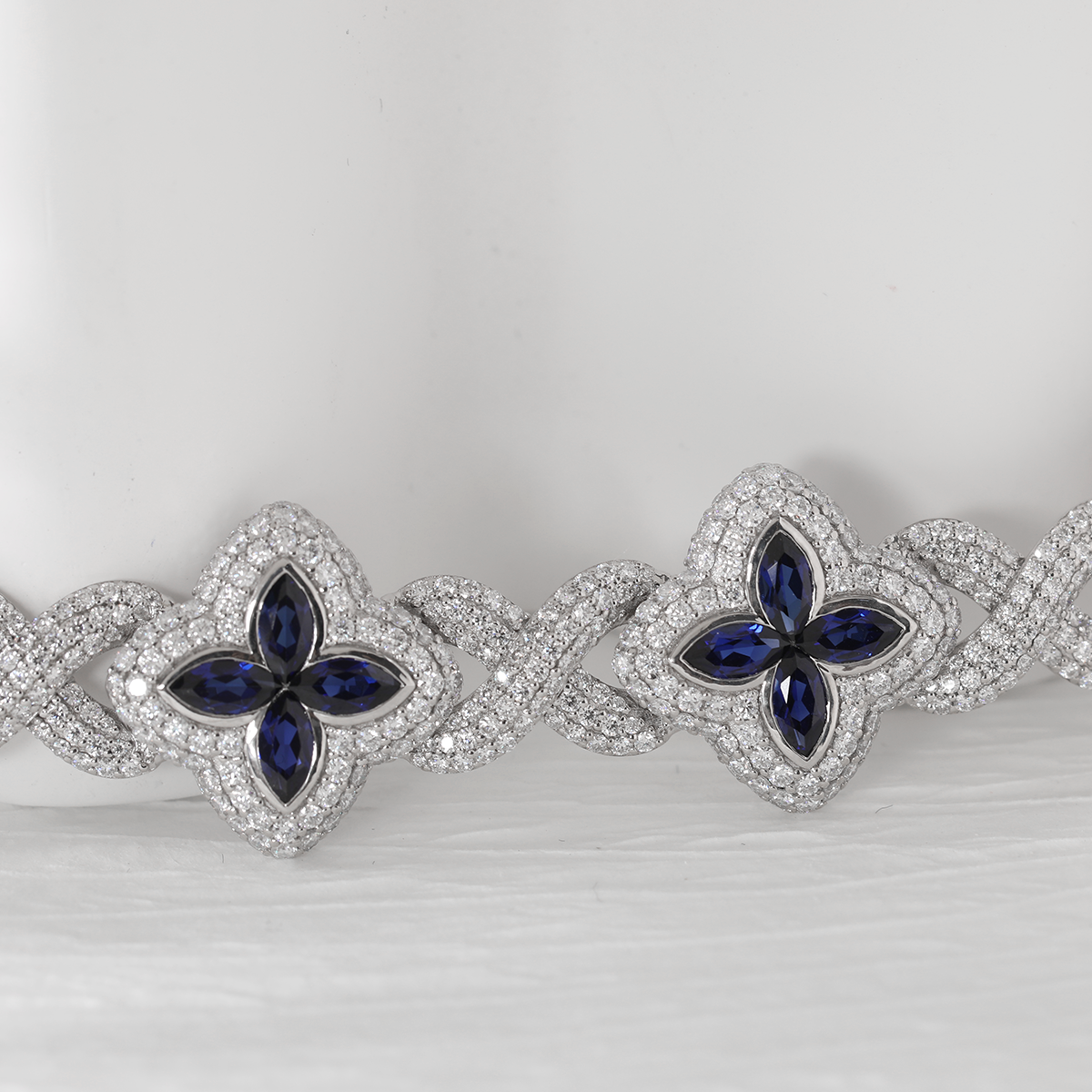 14K White Gold Round Lab Diamond Bracelet with Pear Lab Sapphire – Art Nouveau Nature-Inspired  Eternal Fleur Blue Design 14K White Gold Round Lab Diamond Bracelet with Pear Lab Sapphire – Art Nouveau Nature-Inspired  Eternal Fleur Blue Design