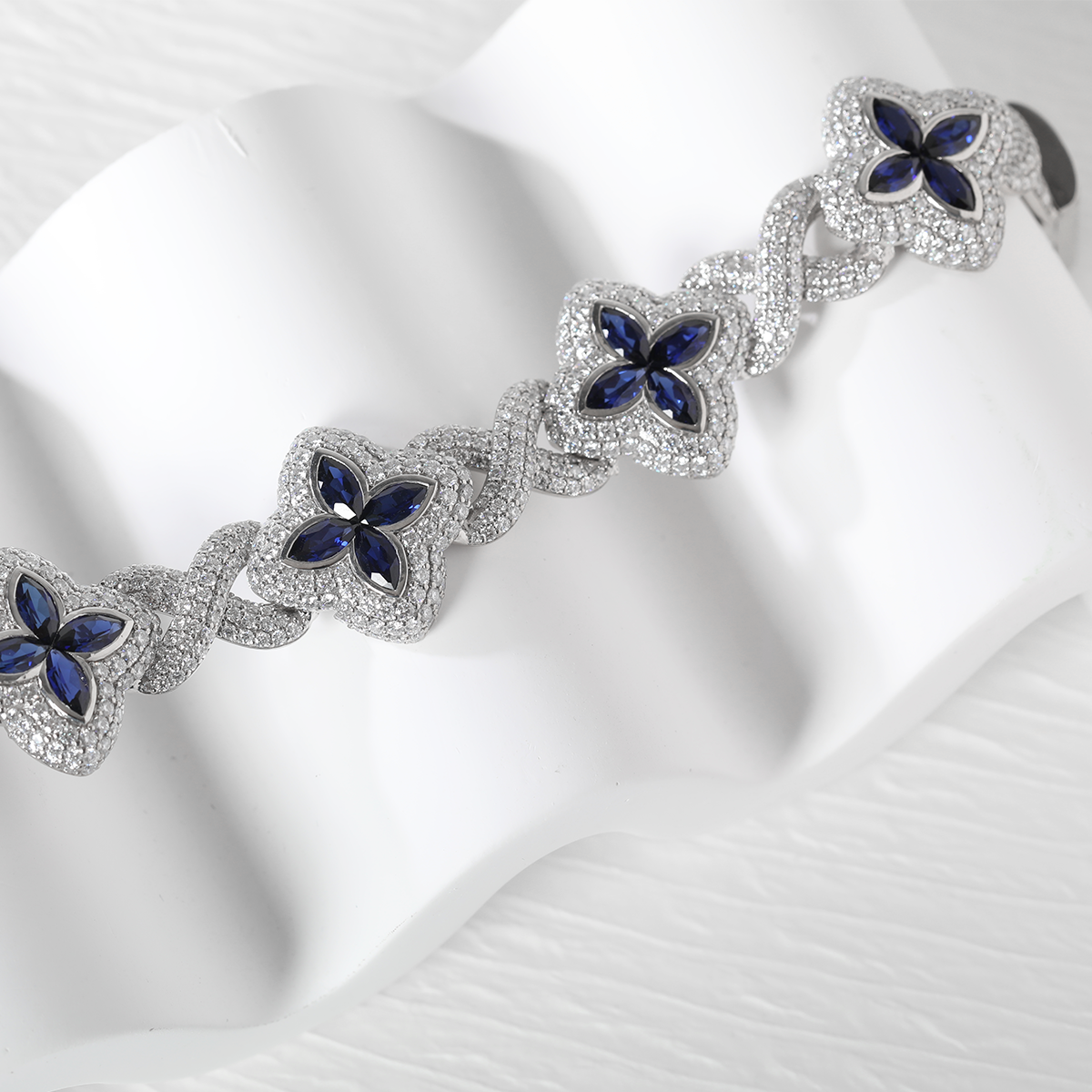 14K White Gold Round Lab Diamond Bracelet with Pear Lab Sapphire – Art Nouveau Nature-Inspired  Eternal Fleur Blue Design 14K White Gold Round Lab Diamond Bracelet with Pear Lab Sapphire – Art Nouveau Nature-Inspired  Eternal Fleur Blue Design