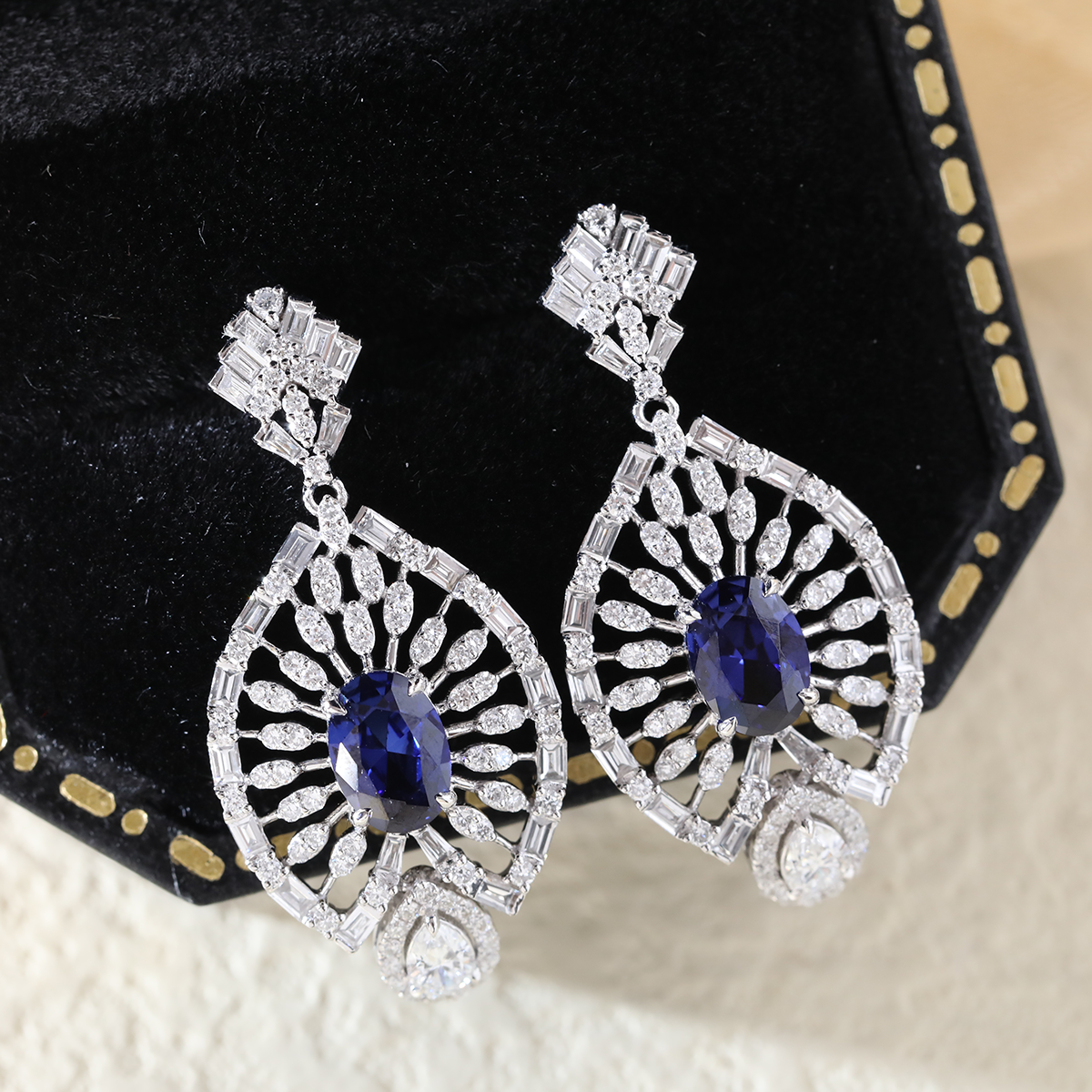 18K White Gold 7*5mm Oval Royal Blue Lab Sapphire and Lab Diamond Victorian Peacock Plume Chandelier Earrings 18K White Gold 7*5mm Oval Royal Blue Lab Sapphire and Lab Diamond Victorian Peacock Plume Chandelier Earrings