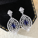 18K White Gold 7*5mm Oval Royal Blue Lab Sapphire and Lab Diamond Victorian Peacock Plume Chandelier Earrings 18K White Gold 7*5mm Oval Royal Blue Lab Sapphire and Lab Diamond Victorian Peacock Plume Chandelier Earrings