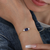 14K Yellow Gold 2ct Royal Blue Lab Sapphire Chain Bracelet with Round Lab Diamond Side-stones 14K Yellow Gold 2ct Royal Blue Lab Sapphire Chain Bracelet with Round Lab Diamond Side-stones