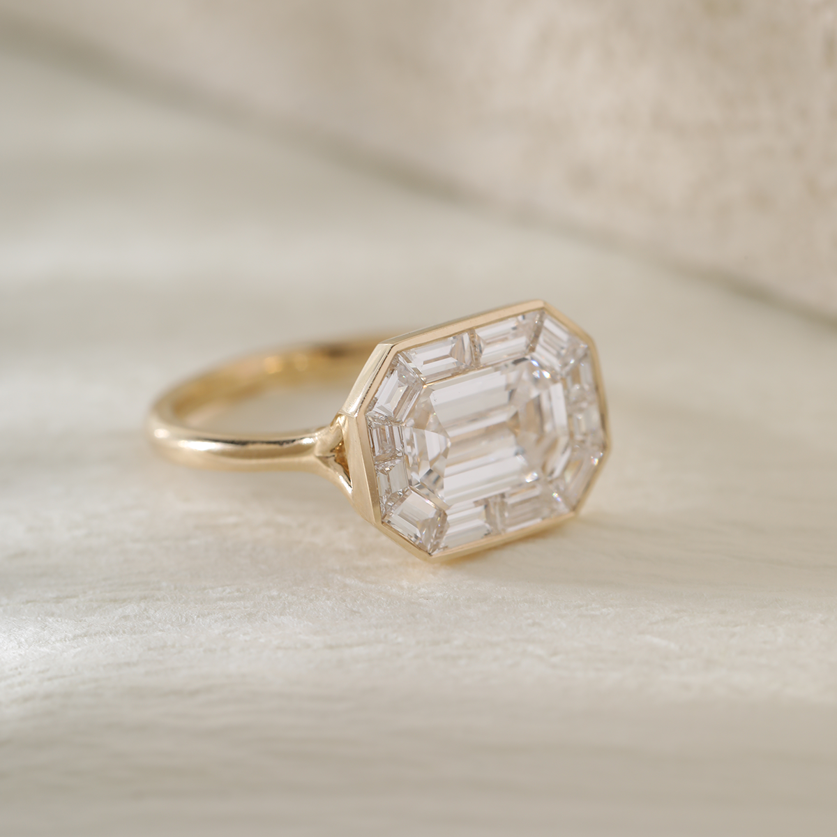 14K Yellow Gold 2.5ct Antique Emerald Cut Lab Diamond Ring with Tapered Step Cut Lab Diamond Halo 14K Yellow Gold 2.5ct Antique Emerald Cut Lab Diamond Ring with Tapered Step Cut Lab Diamond Halo