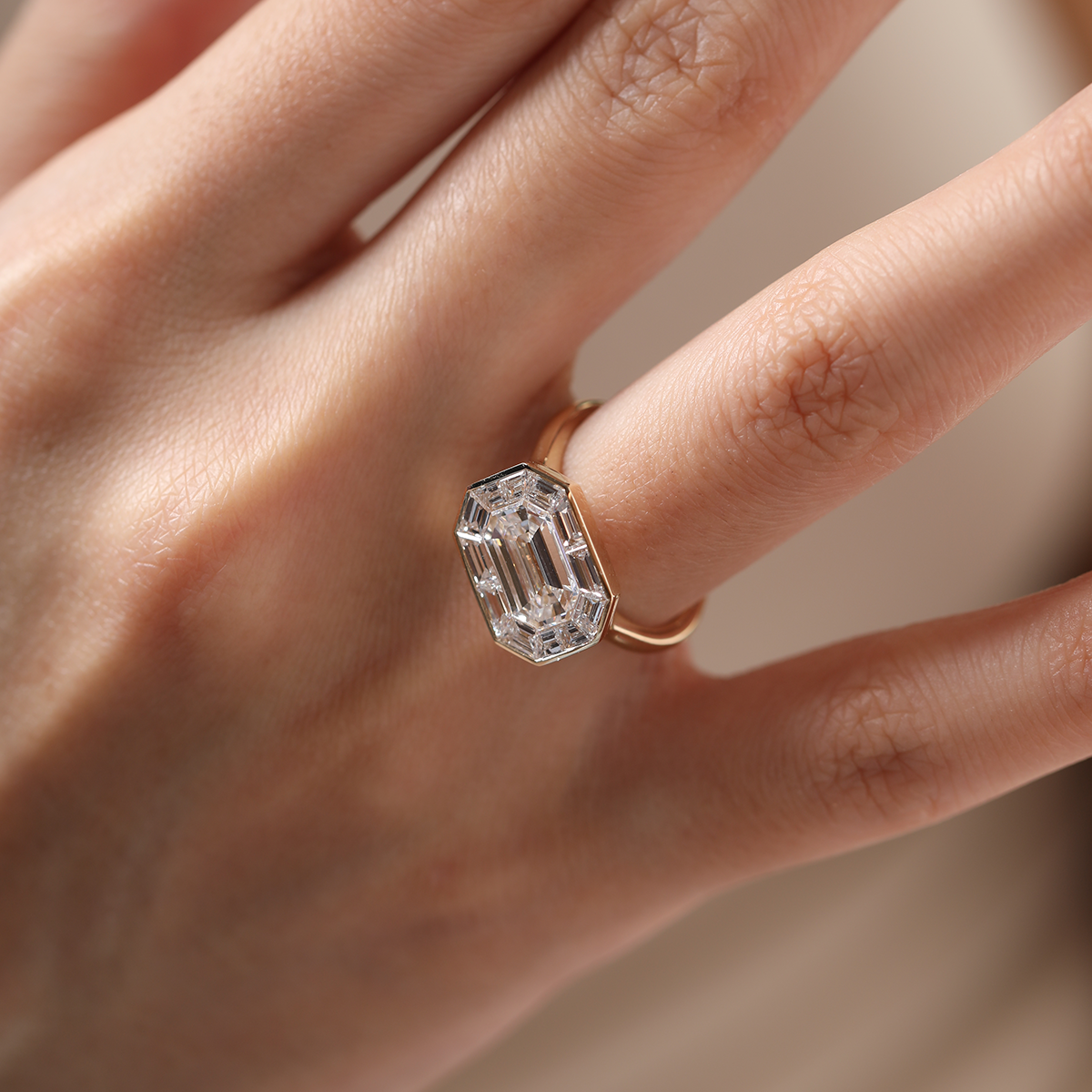 14K Yellow Gold 2.5ct Antique Emerald Cut Lab Diamond Ring with Tapered Step Cut Lab Diamond Halo 14K Yellow Gold 2.5ct Antique Emerald Cut Lab Diamond Ring with Tapered Step Cut Lab Diamond Halo