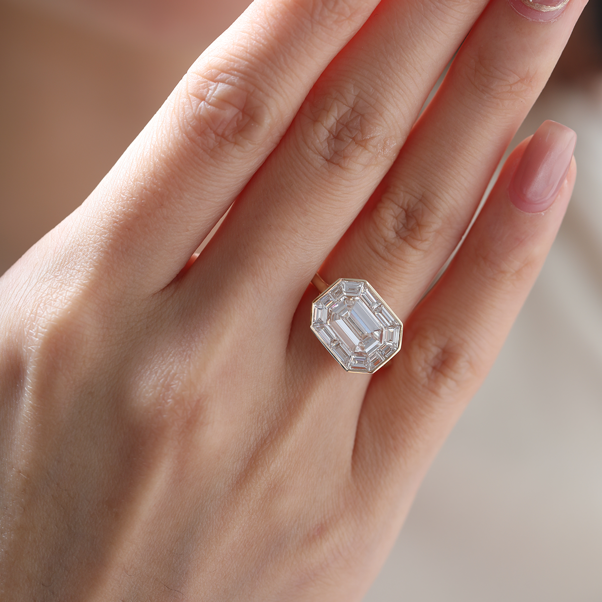 14K Yellow Gold 2.5ct Antique Emerald Cut Lab Diamond Ring with Tapered Step Cut Lab Diamond Halo 14K Yellow Gold 2.5ct Antique Emerald Cut Lab Diamond Ring with Tapered Step Cut Lab Diamond Halo