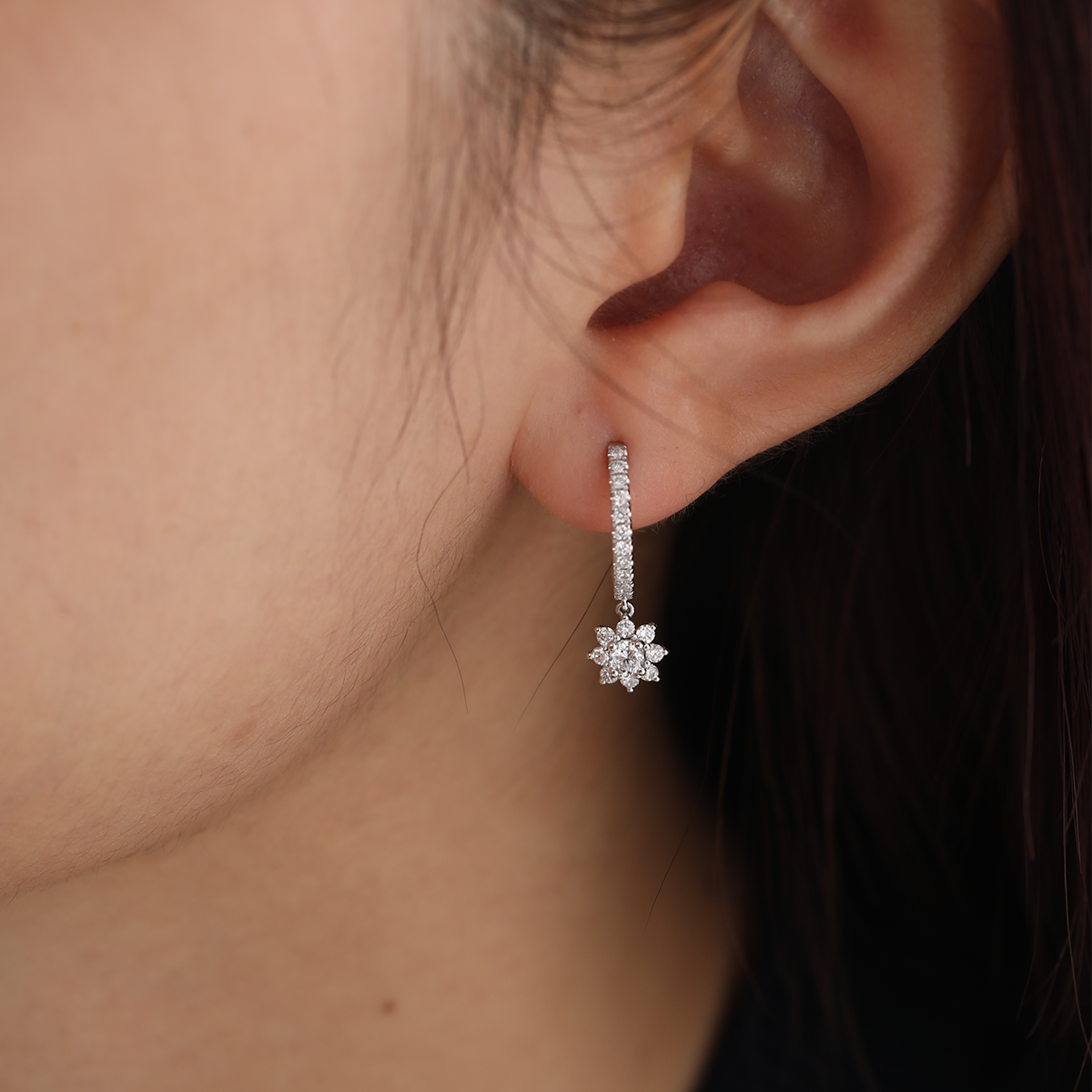 Platinum Round Lab Diamond Floral Hoop Earrings Platinum Round Lab Diamond Floral Hoop Earrings