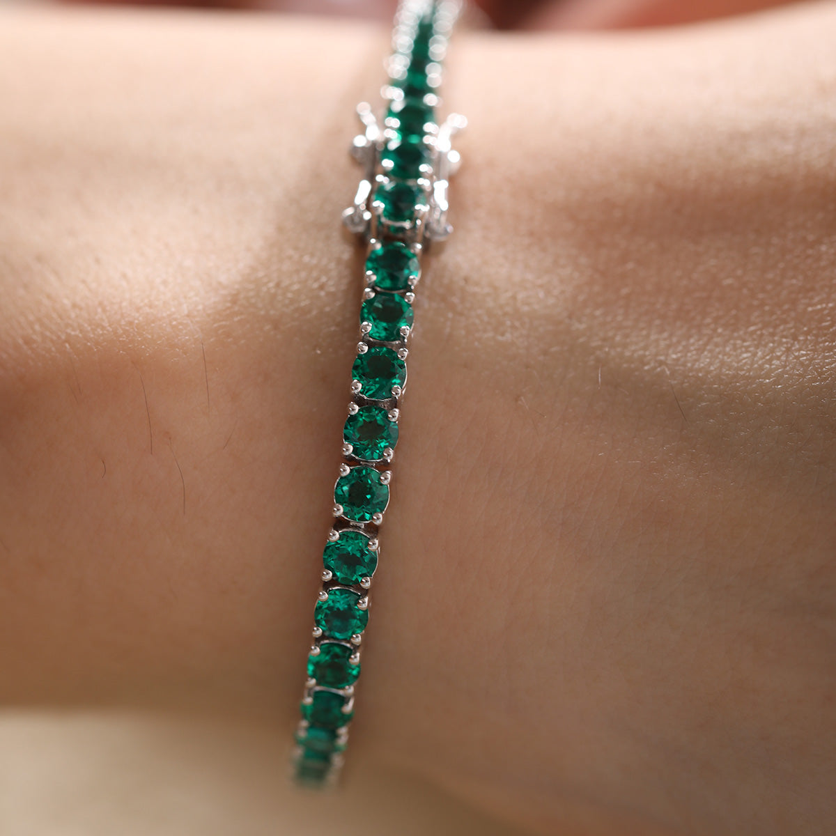 14K White Gold 5ct tw Round Zambian Lab Emerald 4 Prong Basket Tennis Bracelet 14K White Gold 5ct tw Round Zambian Lab Emerald 4 Prong Basket Tennis Bracelet