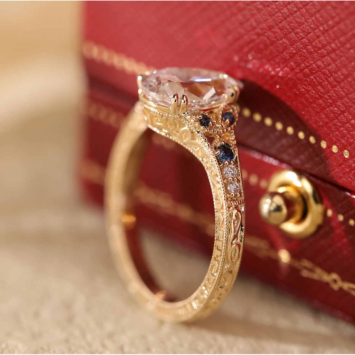 14K Yellow Gold 2.5ct Pear Lab Diamond with Round Lab Diamond and Lab Sapphire Side-stone Millegrain Floral Engraving Ring-Art Nouveau Nature-Inspired 14K Yellow Gold 2.5ct Pear Lab Diamond with Round Lab Diamond and Lab Sapphire Side-stone Millegrain Floral Engraving Ring-Art Nouveau Nature-Inspired