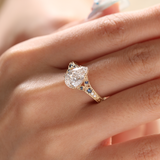 14K Yellow Gold 2.5ct Pear Lab Diamond with Round Lab Diamond and Lab Sapphire Side-stone Millegrain Floral Engraving Ring-Art Nouveau Nature-Inspired 14K Yellow Gold 2.5ct Pear Lab Diamond with Round Lab Diamond and Lab Sapphire Side-stone Millegrain Floral Engraving Ring-Art Nouveau Nature-Inspired