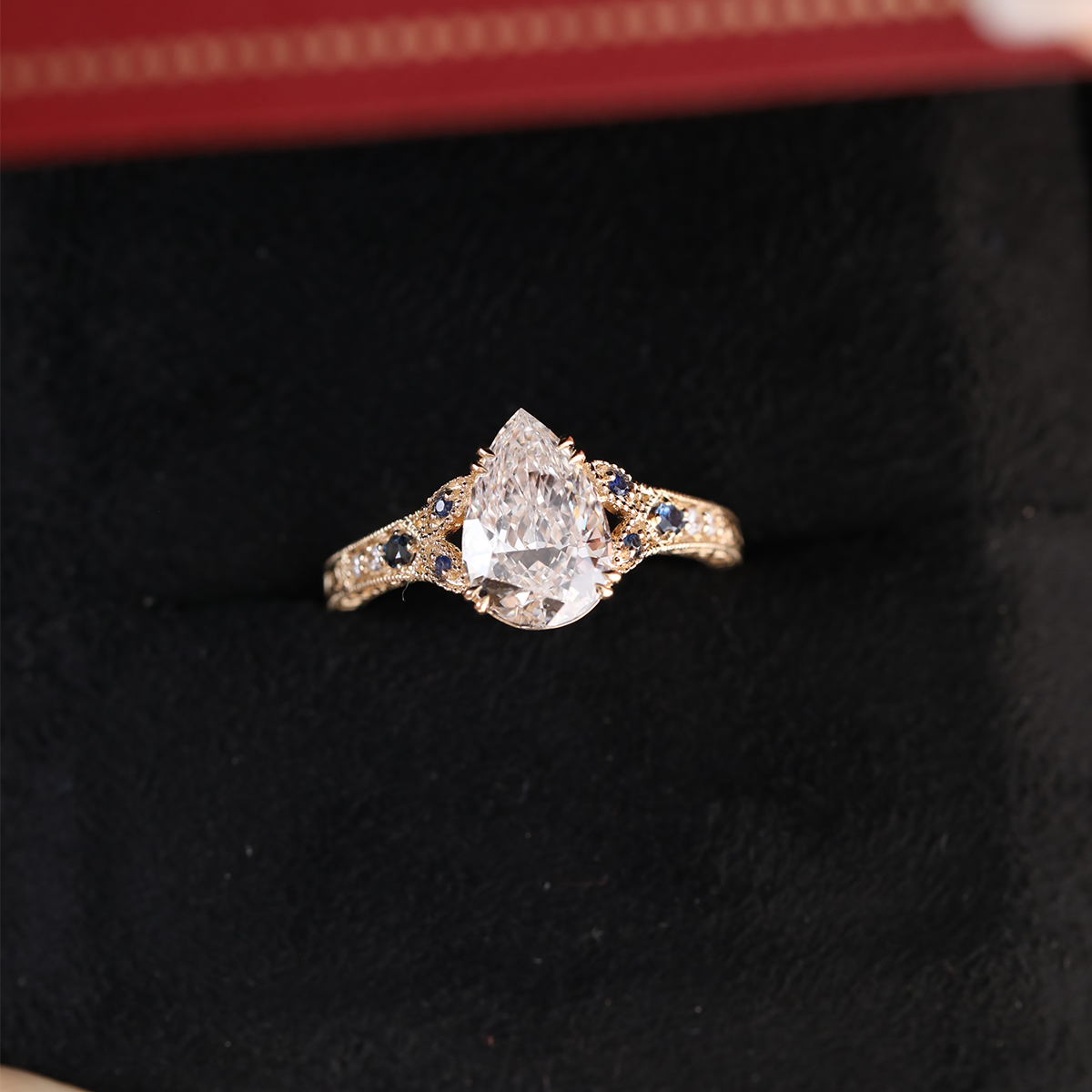 14K Yellow Gold 2.5ct Pear Lab Diamond with Round Lab Diamond and Lab Sapphire Side-stone Millegrain Floral Engraving Ring-Art Nouveau Nature-Inspired 14K Yellow Gold 2.5ct Pear Lab Diamond with Round Lab Diamond and Lab Sapphire Side-stone Millegrain Floral Engraving Ring-Art Nouveau Nature-Inspired