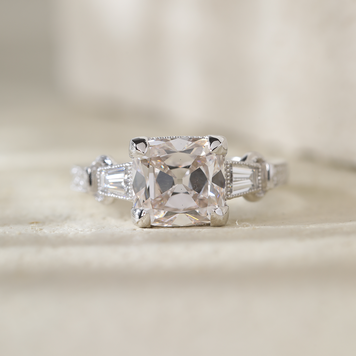 14K White Gold 3ct Old Mine Cut Lab Diamond Art Deco Style Vintage Engraved Three-stone Ring with Tapered Baguette Cut Side Stones 14K White Gold 3ct Old Mine Cut Lab Diamond Art Deco Style Vintage Engraved Three-stone Ring with Tapered Baguette Cut Side Stones