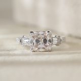 14K White Gold 3ct Old Mine Cut Lab Diamond Art Deco Style Vintage Engraved Three-stone Ring with Tapered Baguette Cut Side Stones 14K White Gold 3ct Old Mine Cut Lab Diamond Art Deco Style Vintage Engraved Three-stone Ring with Tapered Baguette Cut Side Stones