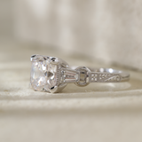 14K White Gold 3ct Old Mine Cut Lab Diamond Art Deco Style Vintage Engraved Three-stone Ring with Tapered Baguette Cut Side Stones 14K White Gold 3ct Old Mine Cut Lab Diamond Art Deco Style Vintage Engraved Three-stone Ring with Tapered Baguette Cut Side Stones