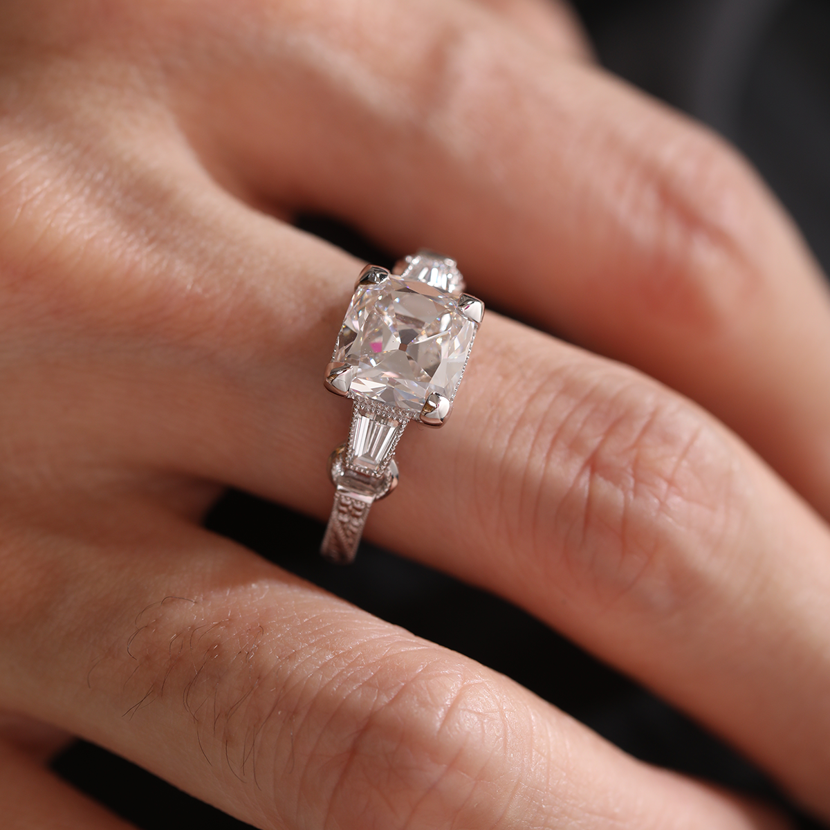 14K White Gold 3ct Old Mine Cut Lab Diamond Art Deco Style Vintage Engraved Three-stone Ring with Tapered Baguette Cut Side Stones 14K White Gold 3ct Old Mine Cut Lab Diamond Art Deco Style Vintage Engraved Three-stone Ring with Tapered Baguette Cut Side Stones