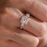 14K White Gold 3ct Old Mine Cut Lab Diamond Art Deco Style Vintage Engraved Three-stone Ring with Tapered Baguette Cut Side Stones 14K White Gold 3ct Old Mine Cut Lab Diamond Art Deco Style Vintage Engraved Three-stone Ring with Tapered Baguette Cut Side Stones