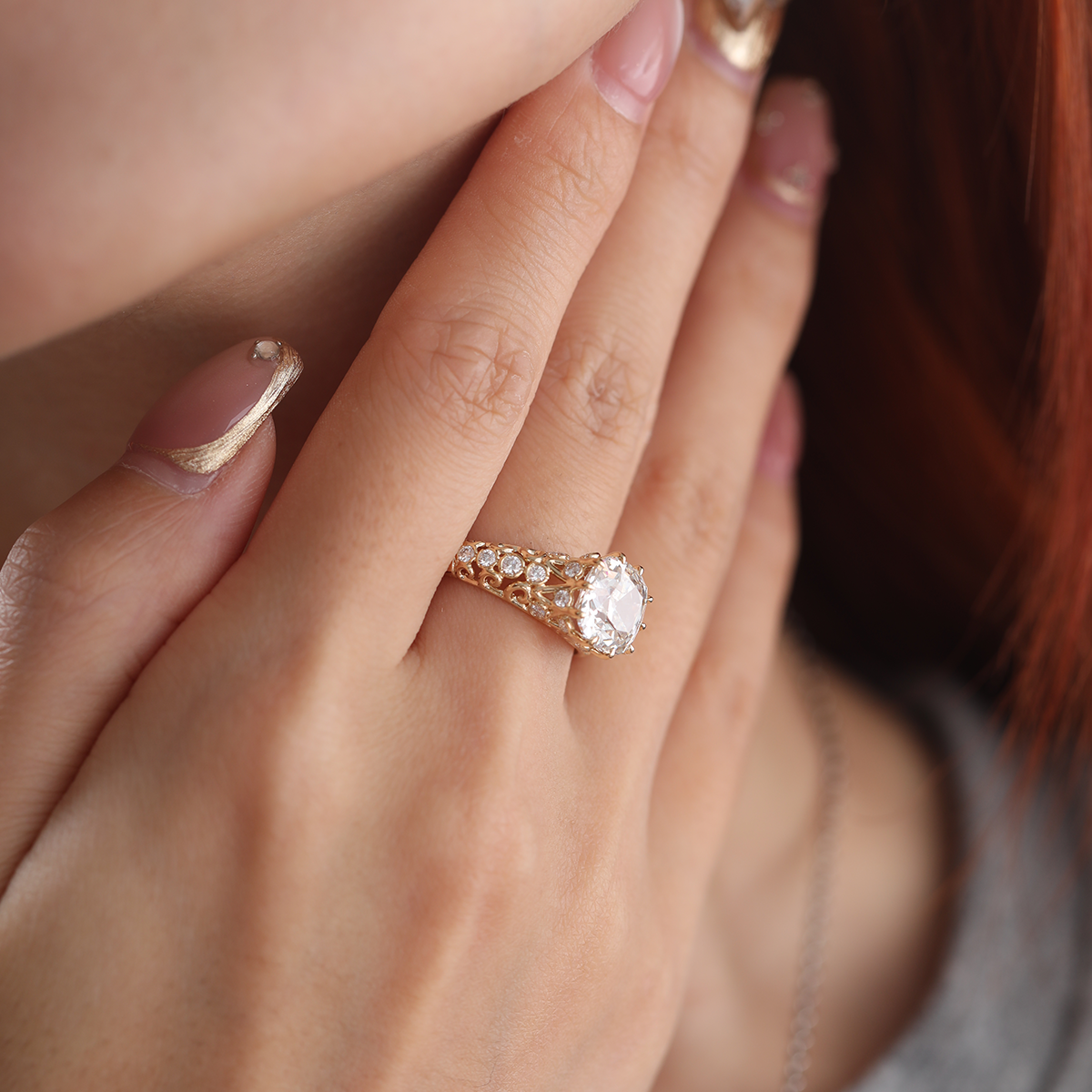 14K Yellow Gold 3.5ct Elongated Lab Diamond Antique-inspired Ring 14K Yellow Gold 3.5ct Elongated Lab Diamond Antique-inspired Ring