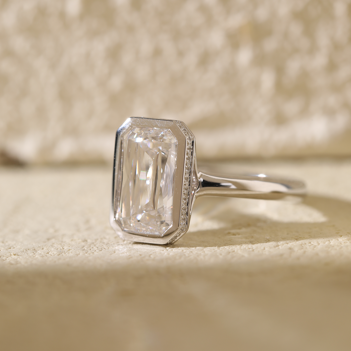 14K White Gold 3ct Criss Cut Bezel Ring with Round Lab Diamond Hidden Halo 14K White Gold 3ct Criss Cut Bezel Ring with Round Lab Diamond Hidden Halo