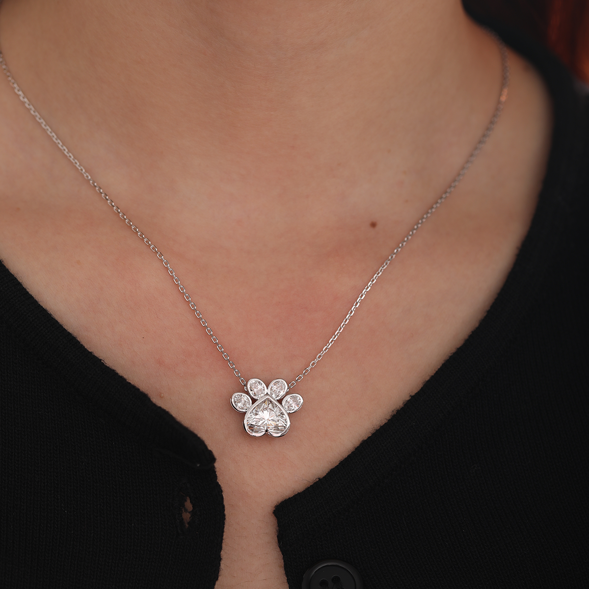 14K White Gold Heart Shaped and Oval Lab diamond Bella Paw Bezel Pendant Necklace 14K White Gold Heart Shaped and Oval Lab diamond Bella Paw Bezel Pendant Necklace