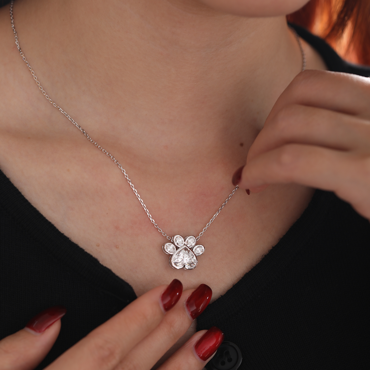 14K White Gold Heart Shaped and Oval Lab diamond Bella Paw Bezel Pendant Necklace 14K White Gold Heart Shaped and Oval Lab diamond Bella Paw Bezel Pendant Necklace