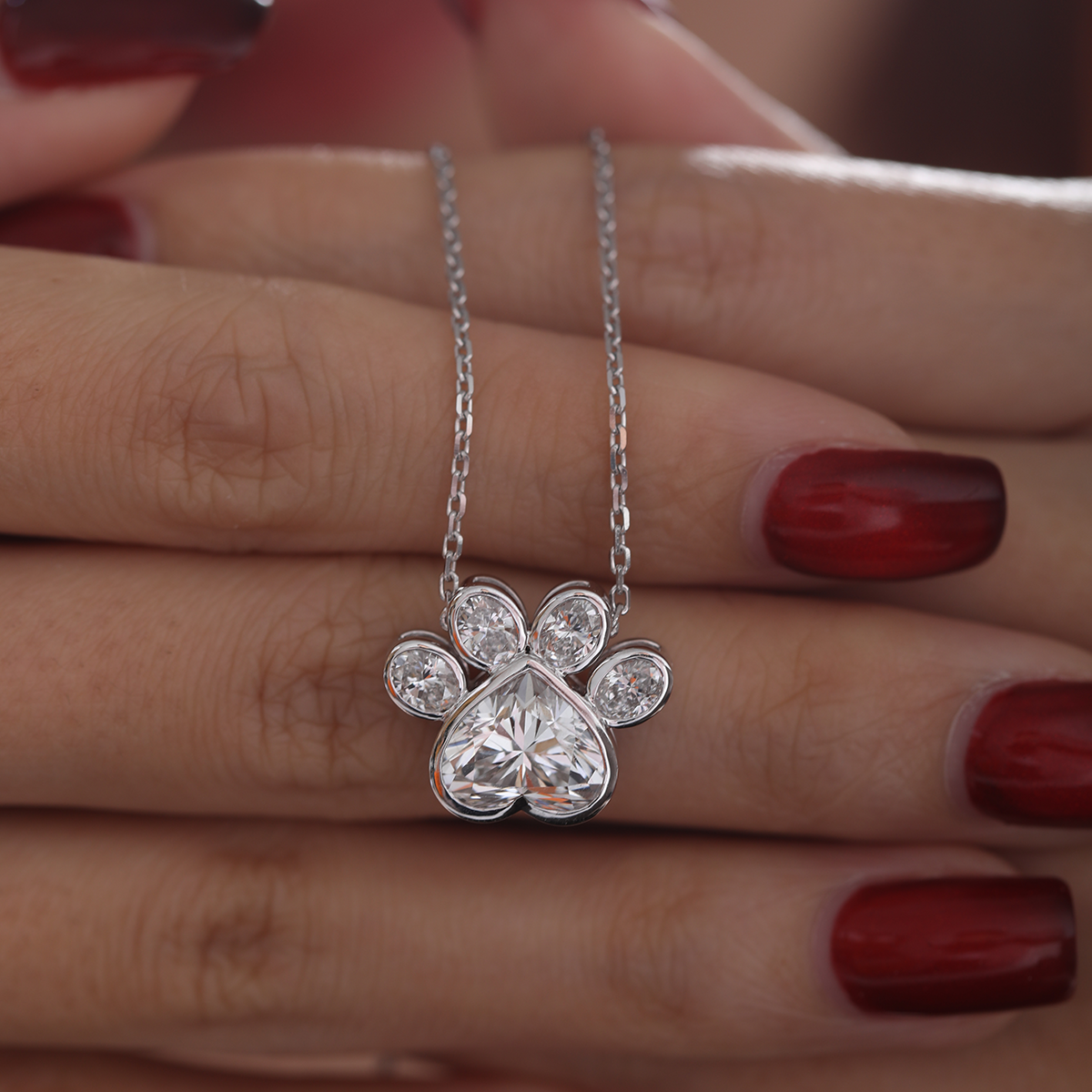 14K White Gold Heart Shaped and Oval Lab diamond Bella Paw Bezel Pendant Necklace 14K White Gold Heart Shaped and Oval Lab diamond Bella Paw Bezel Pendant Necklace