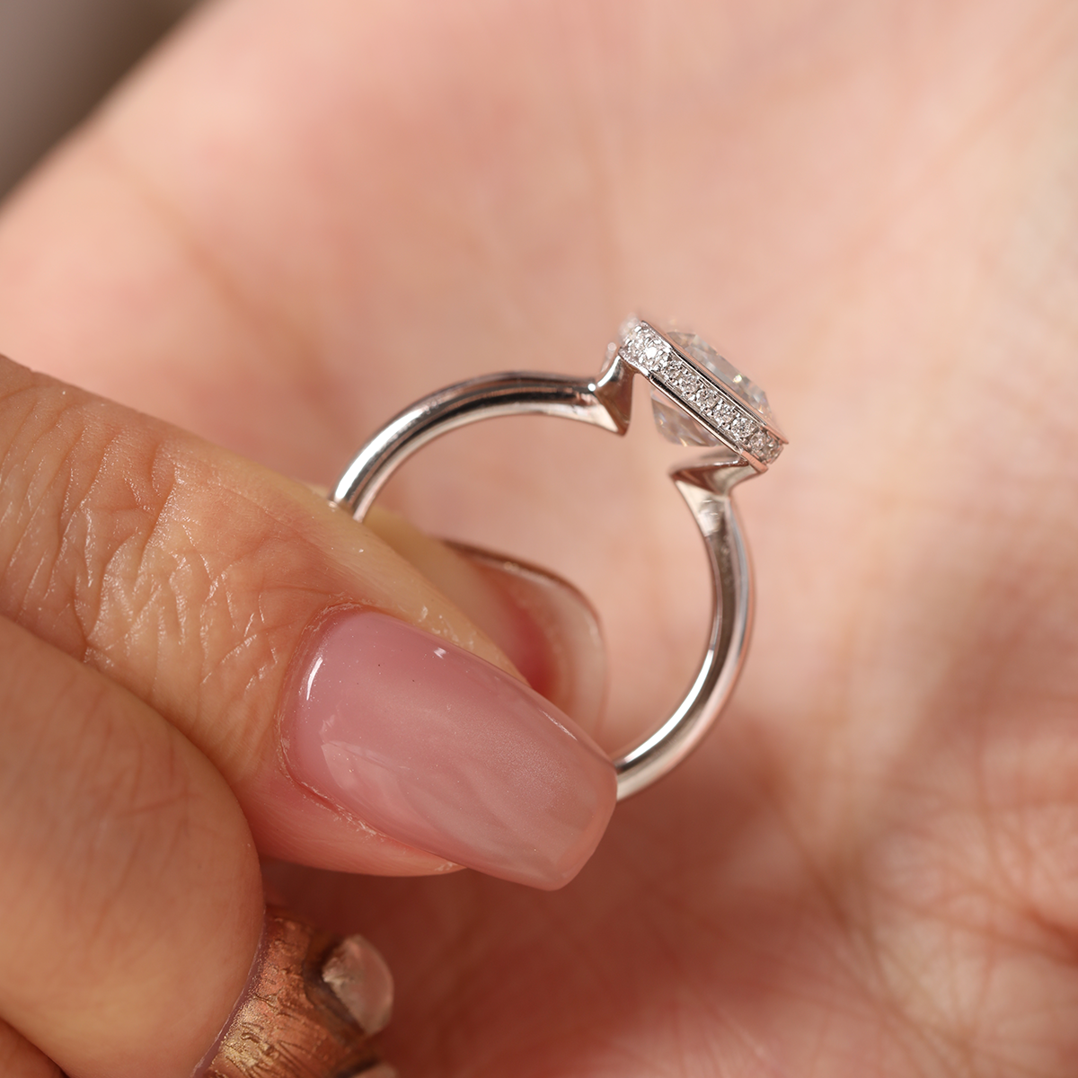 14K White Gold 3ct Criss Cut Bezel Ring with Round Lab Diamond Hidden Halo 14K White Gold 3ct Criss Cut Bezel Ring with Round Lab Diamond Hidden Halo