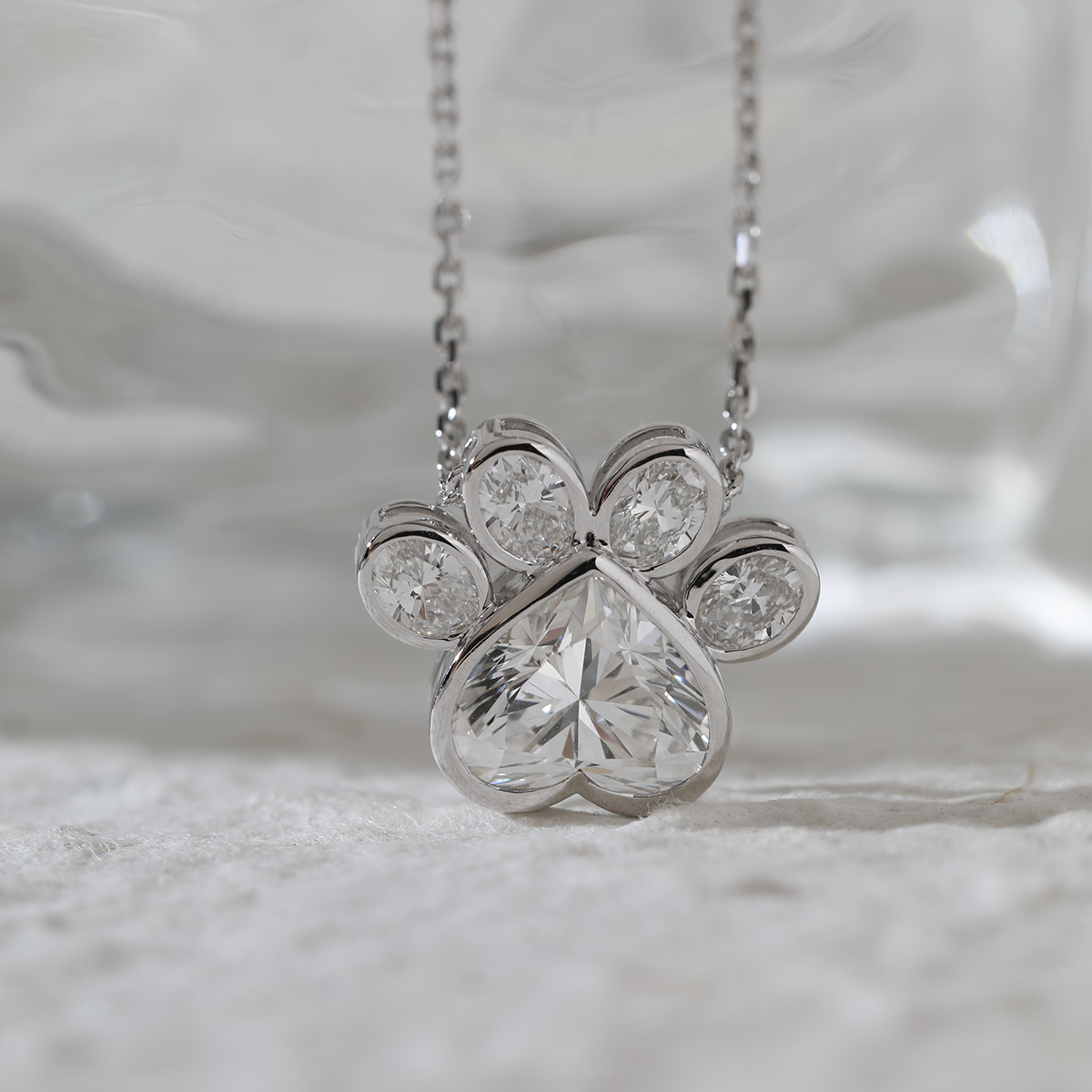 14K White Gold Heart Shaped and Oval Lab diamond Bella Paw Bezel Pendant Necklace 14K White Gold Heart Shaped and Oval Lab diamond Bella Paw Bezel Pendant Necklace
