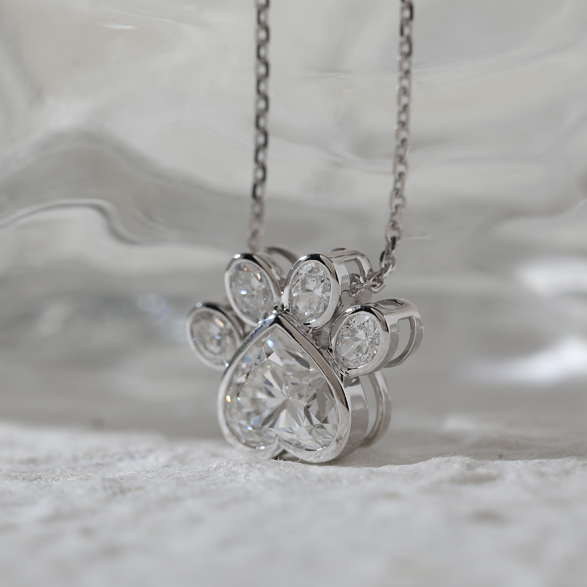 14K White Gold Heart Shaped and Oval Lab diamond Bella Paw Bezel Pendant Necklace 14K White Gold Heart Shaped and Oval Lab diamond Bella Paw Bezel Pendant Necklace