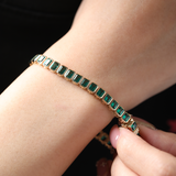 14K Yellow Gold Emerald Cut Lab Zambian Emerald Bezel Tennis Bracelet 14K Yellow Gold Emerald Cut Lab Zambian Emerald Bezel Tennis Bracelet