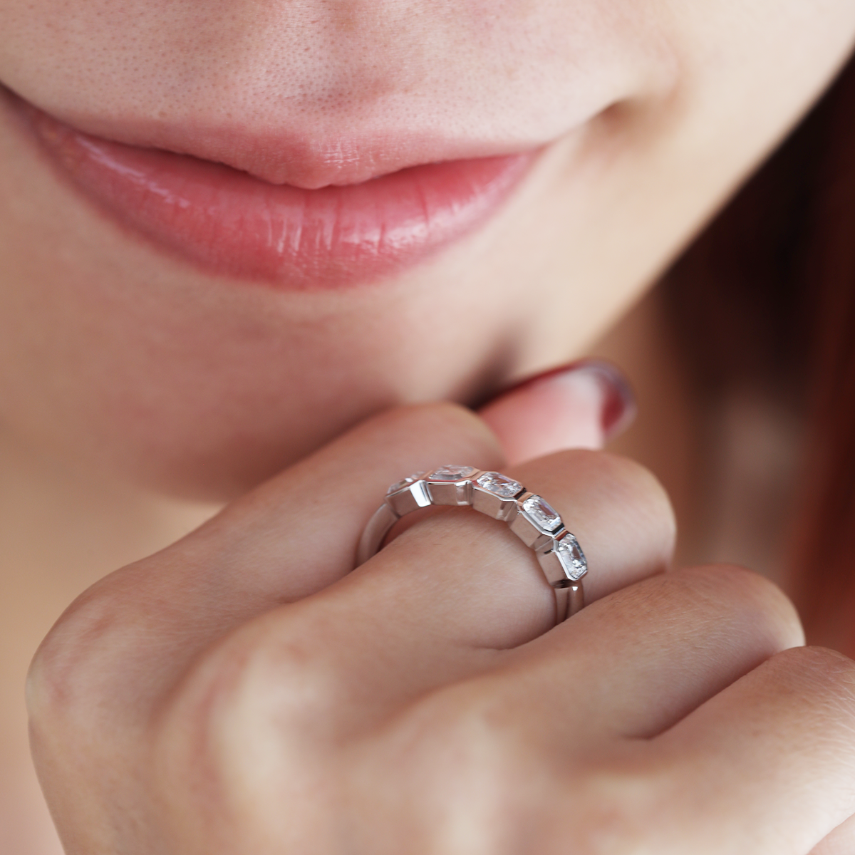 14K White Gold Asscher Cut Lab Diamond 5 Stone Bezel Half Eternity Ring 14K White Gold Asscher Cut Lab Diamond 5 Stone Bezel Half Eternity Ring