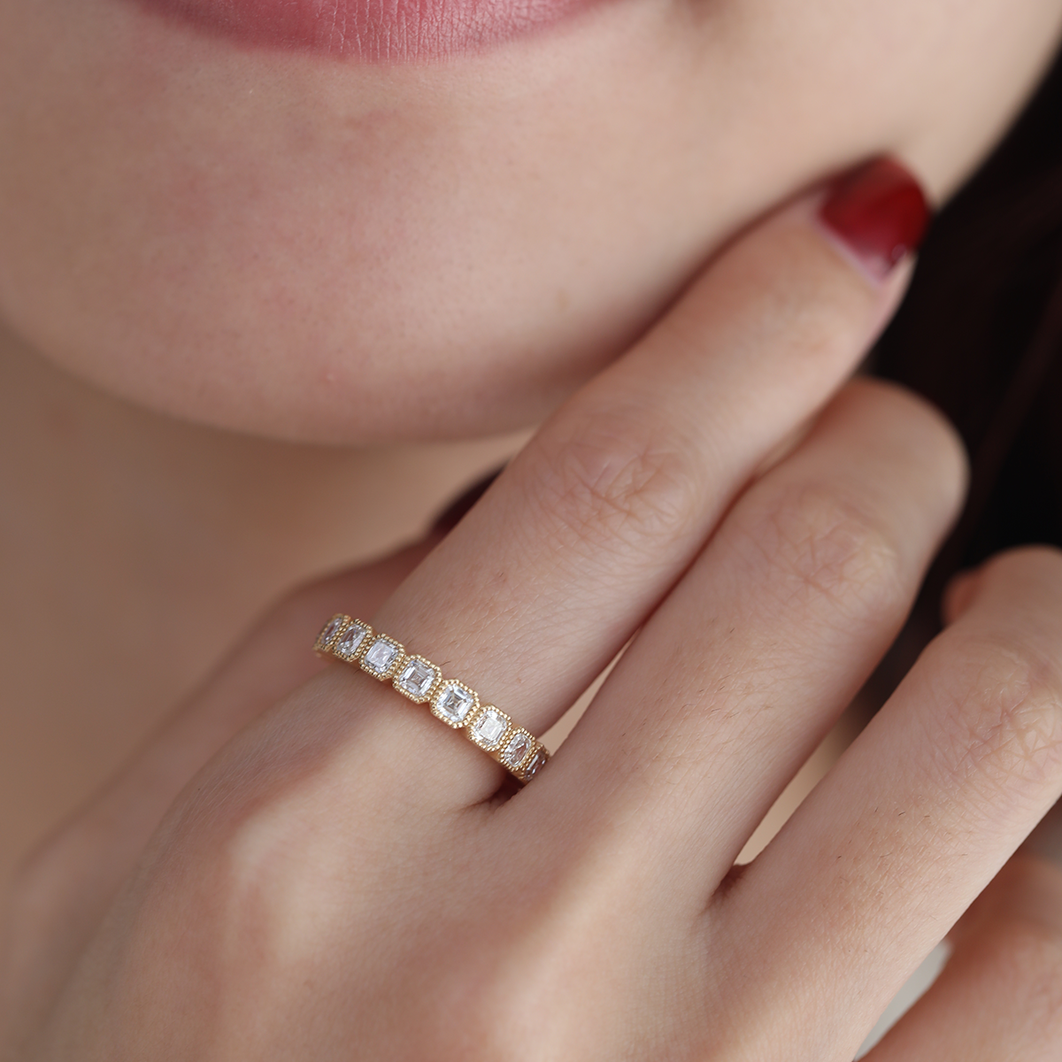 18K Yellow Gold Asscher Cut Lab Diamond Millegrain Bezel Eternity Ring 18K Yellow Gold Asscher Cut Lab Diamond Millegrain Bezel Eternity Ring