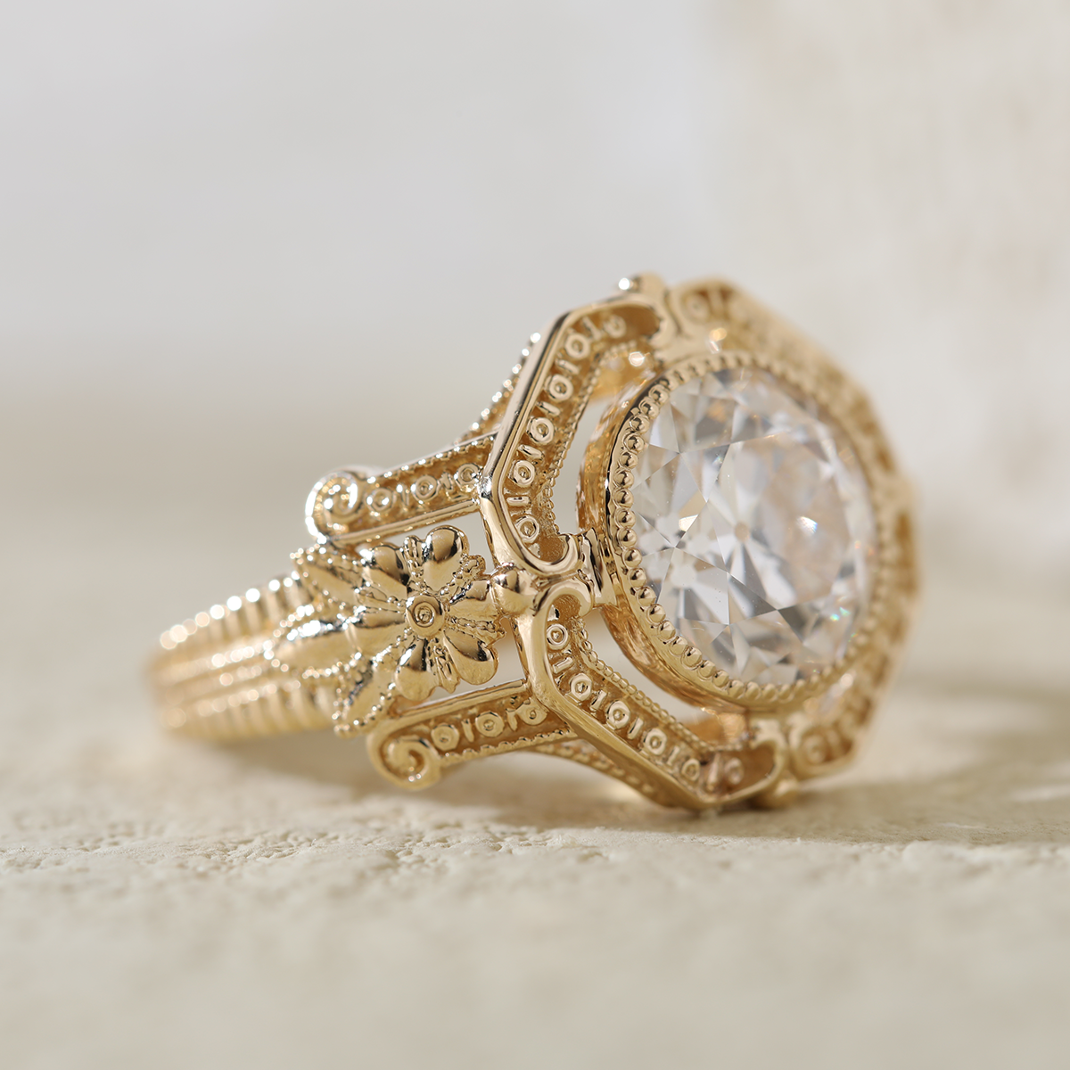 14K Yellow Gold 3ct Old European Cut Lab Diamond Millegrain Bezel Vintage Engraved Ring - Art Deco Style 14K Yellow Gold 3ct Old European Cut Lab Diamond Millegrain Bezel Vintage Engraved Ring - Art Deco Style