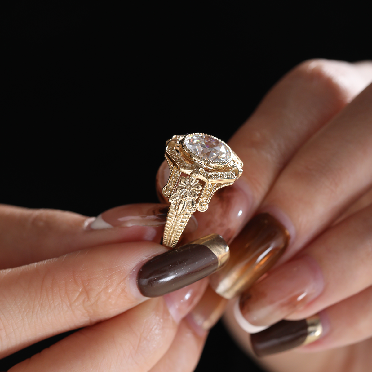 14K Yellow Gold 3ct Old European Cut Lab Diamond Millegrain Bezel Vintage Engraved Ring - Art Deco Style 14K Yellow Gold 3ct Old European Cut Lab Diamond Millegrain Bezel Vintage Engraved Ring - Art Deco Style