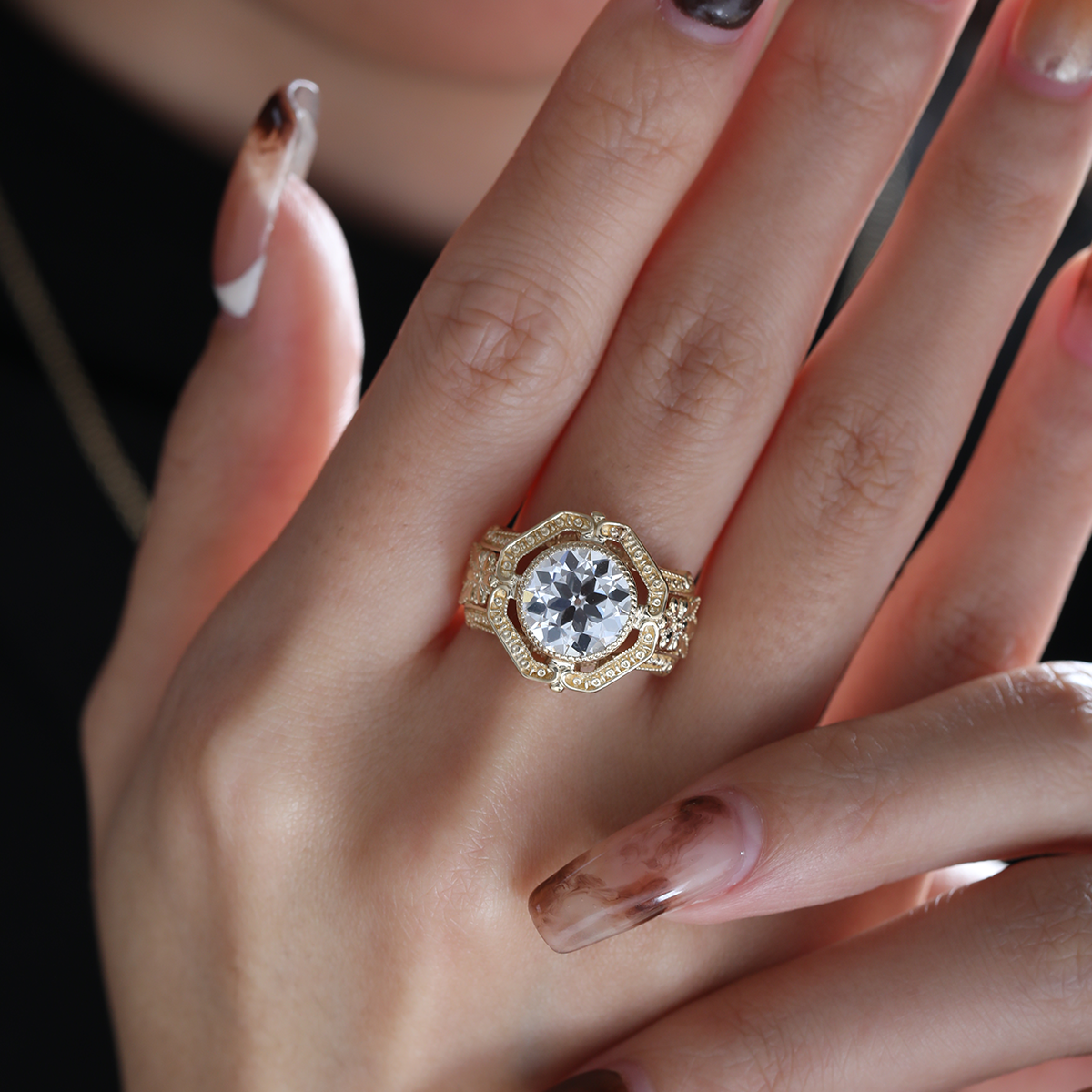 14K Yellow Gold 3ct Old European Cut Lab Diamond Millegrain Bezel Vintage Engraved Ring - Art Deco Style 14K Yellow Gold 3ct Old European Cut Lab Diamond Millegrain Bezel Vintage Engraved Ring - Art Deco Style
