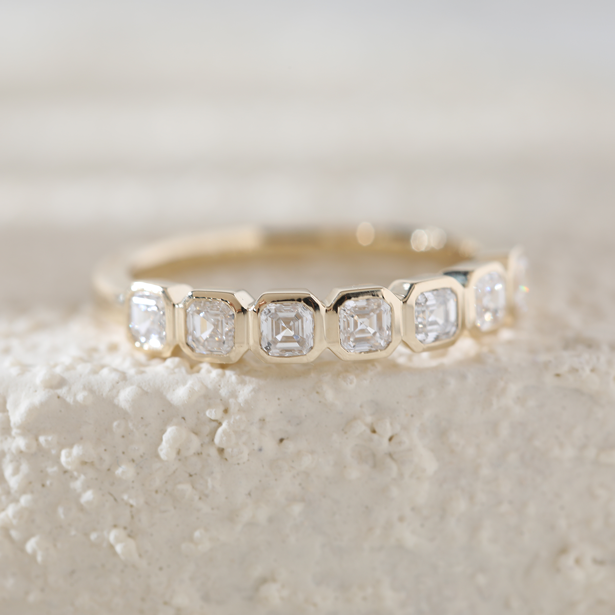 14K Yellow Gold Asscher Cut Lab Diamond 7 Stone Bezel Half Eternity Ring 14K Yellow Gold Asscher Cut Lab Diamond 7 Stone Bezel Half Eternity Ring