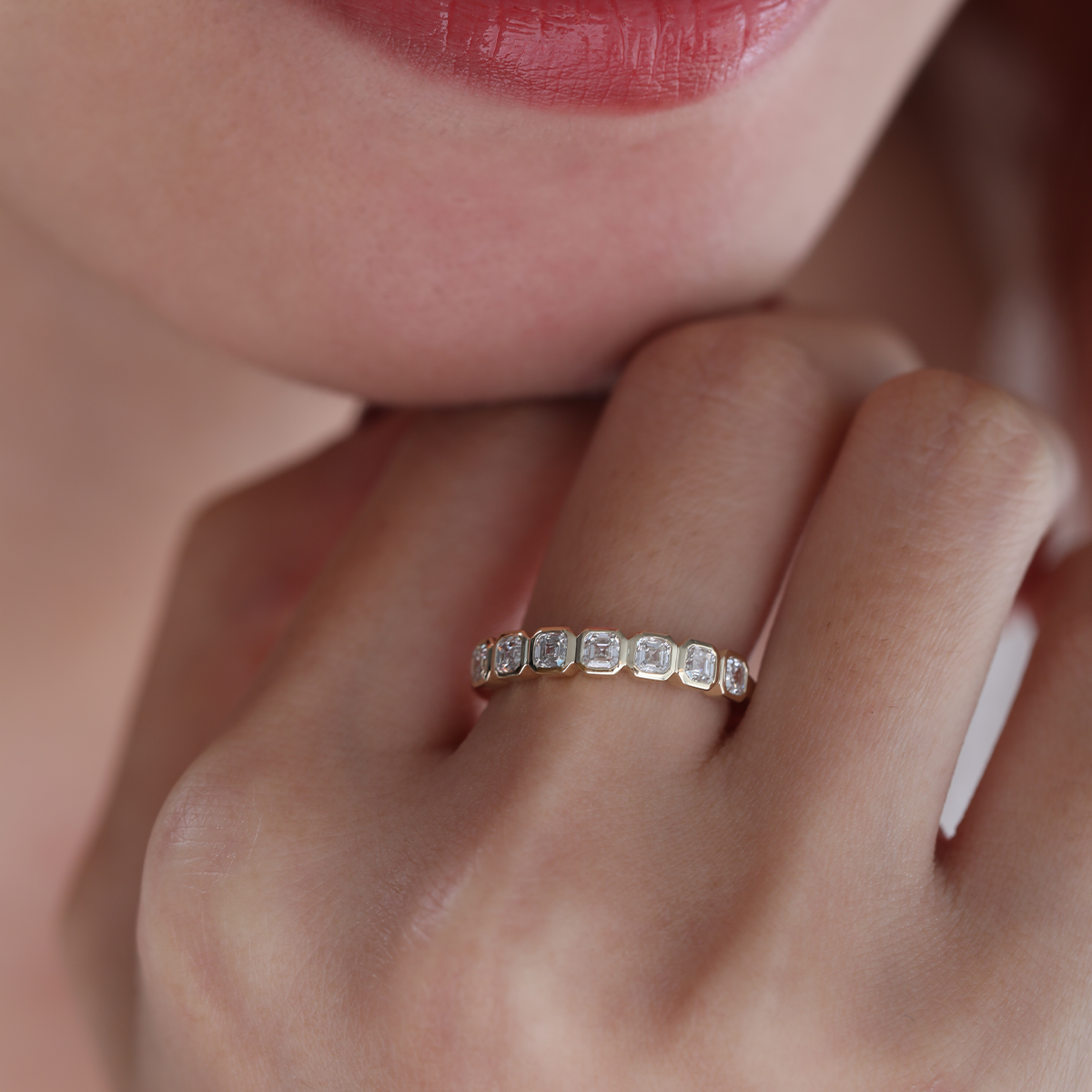 14K Yellow Gold Asscher Cut Lab Diamond 7 Stone Bezel Half Eternity Ring 14K Yellow Gold Asscher Cut Lab Diamond 7 Stone Bezel Half Eternity Ring