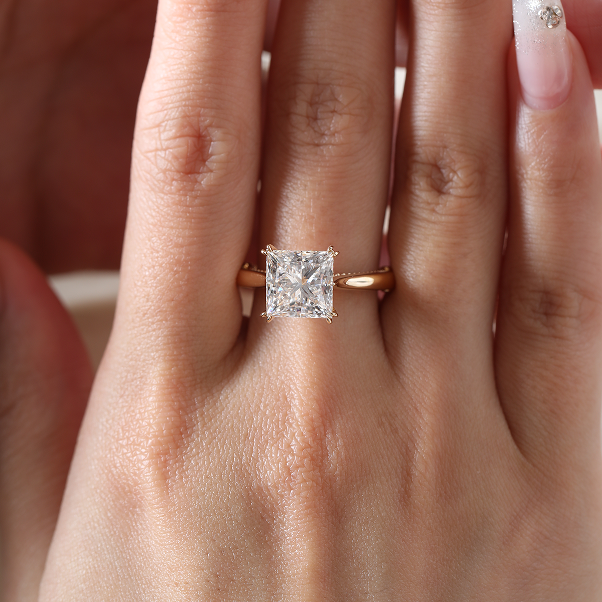 18K Yellow Gold 4ct Princess Cut Lab Diamond Double Claw Prongs Vintage Millegrain Ring – Art Nouveau Nature-Inspired Design 18K Yellow Gold 4ct Princess Cut Lab Diamond Double Claw Prongs Vintage Millegrain Ring – Art Nouveau Nature-Inspired Design