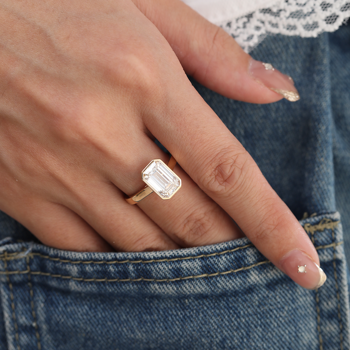 14K Yellow Gold 3ct Emerald Cut Lab DIamond Bezel Solitaire Ring 14K Yellow Gold 3ct Emerald Cut Lab DIamond Bezel Solitaire Ring