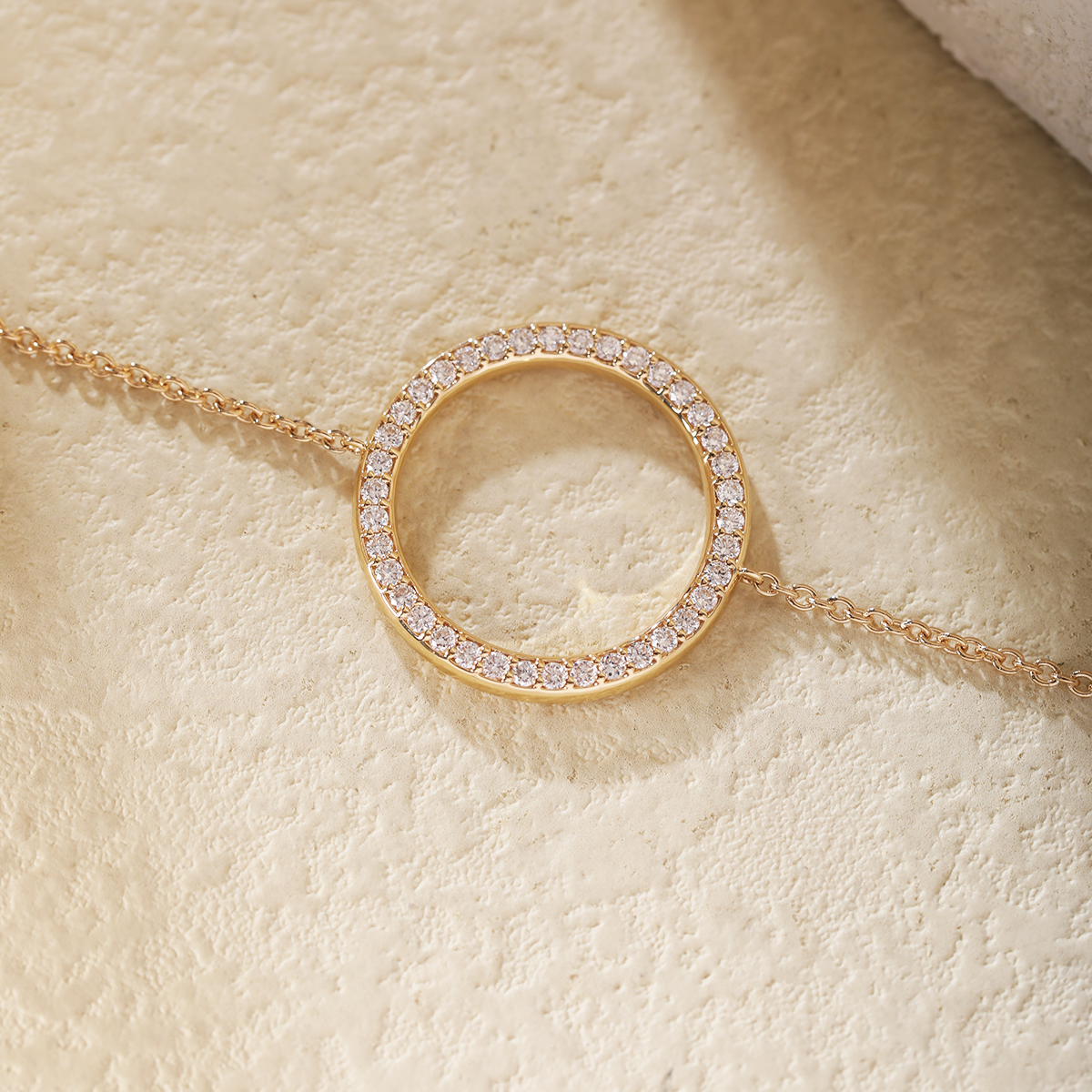 18K Yellow Gold Round Lab Diamond Pave Ring Shape Pendant Chain Bracelet 18K Yellow Gold Round Lab Diamond Pave Ring Shape Pendant Chain Bracelet