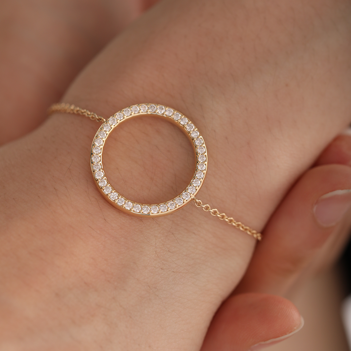 18K Yellow Gold Round Lab Diamond Pave Ring Shape Pendant Chain Bracelet 18K Yellow Gold Round Lab Diamond Pave Ring Shape Pendant Chain Bracelet