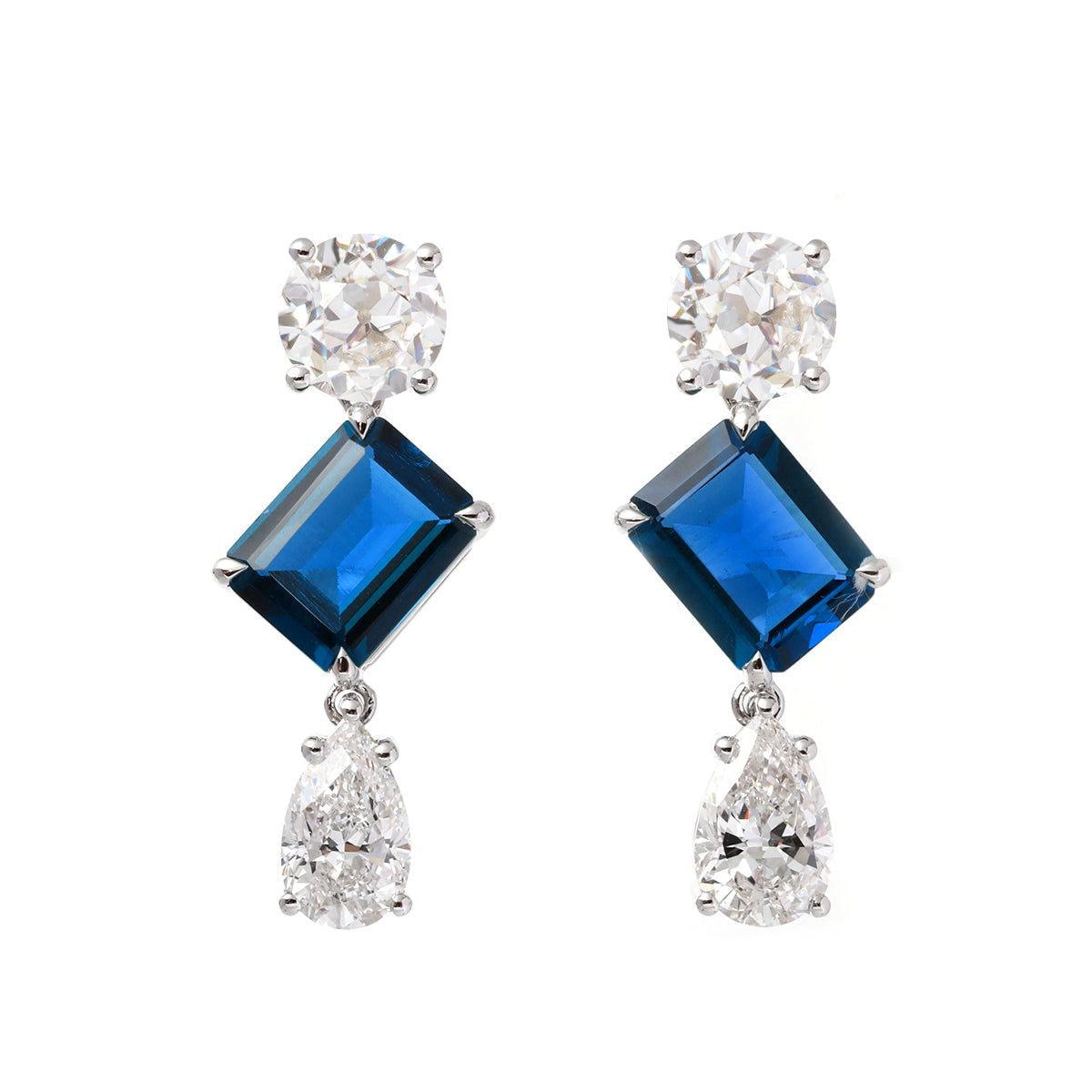 Platinum 7ct tw Old European Cut & Pear Lab Diamond Emerald Cut Sapphire Stud Earrings Platinum 7ct tw Old European Cut & Pear Lab Diamond Emerald Cut Sapphire Stud Earrings