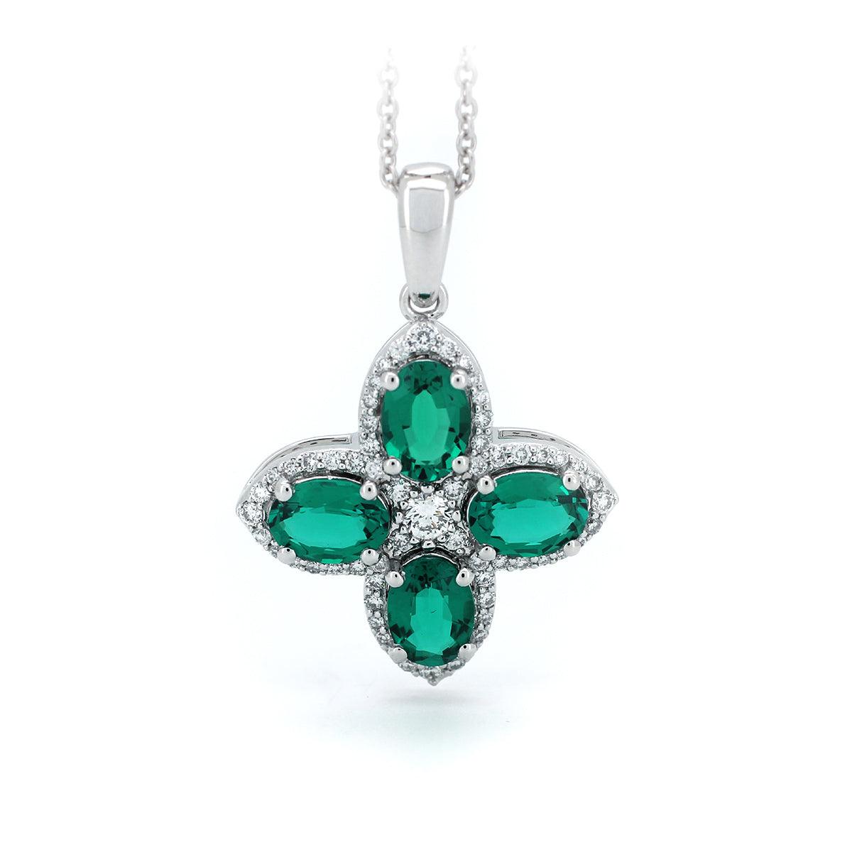 Platinum Oval Cut Lab Colombian Emerald Four-leaf Clover Lab Diamond Halo Necklace Platinum Oval Cut Lab Colombian Emerald Four-leaf Clover Lab Diamond Halo Necklace