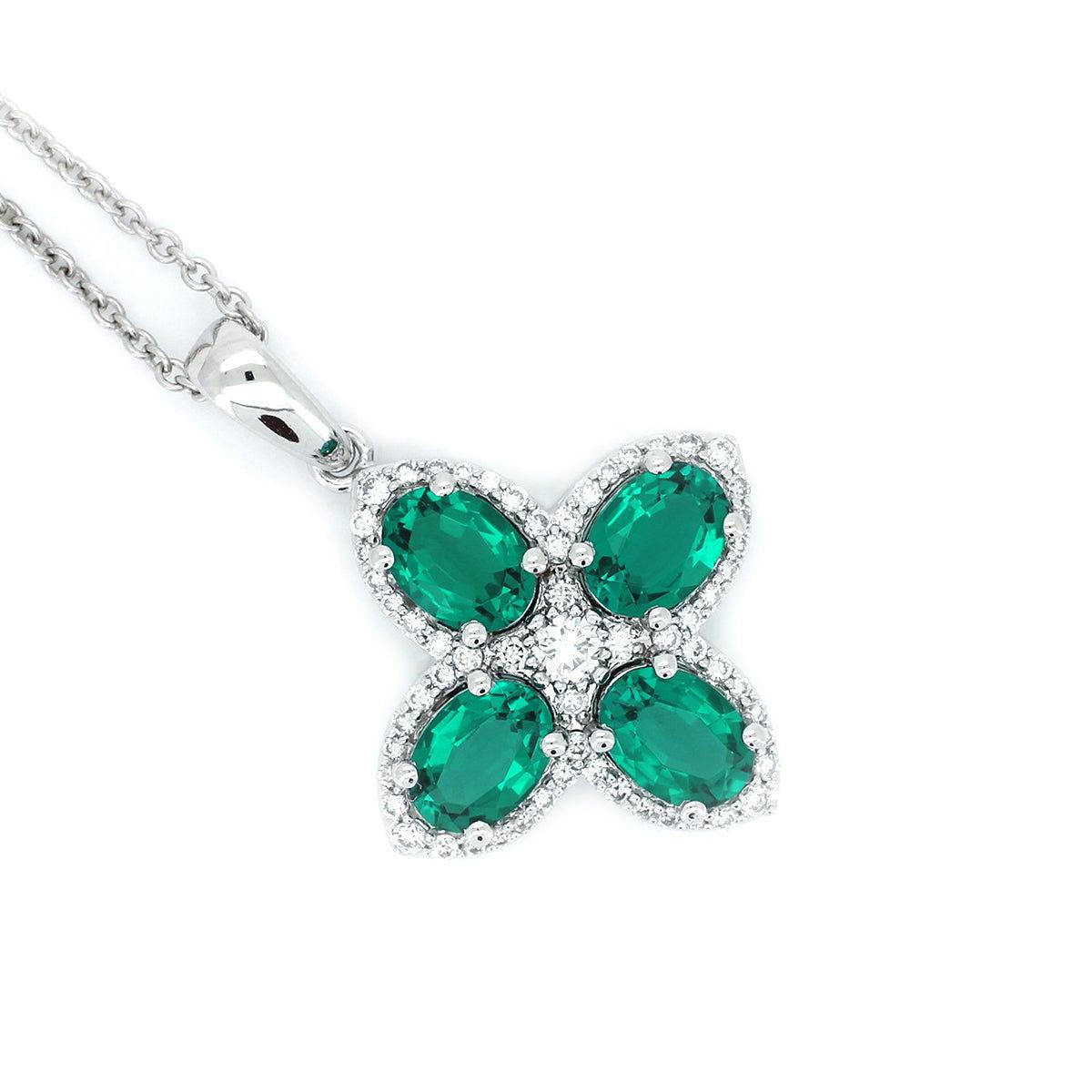 Platinum Oval Cut Lab Colombian Emerald Four-leaf Clover Lab Diamond Halo Necklace Platinum Oval Cut Lab Colombian Emerald Four-leaf Clover Lab Diamond Halo Necklace