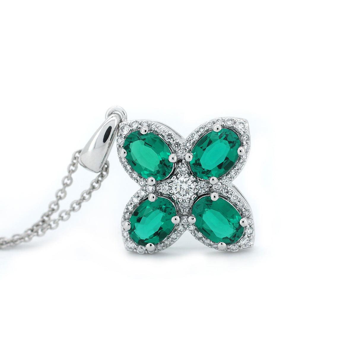 Platinum Oval Cut Lab Colombian Emerald Four-leaf Clover Lab Diamond Halo Necklace Platinum Oval Cut Lab Colombian Emerald Four-leaf Clover Lab Diamond Halo Necklace