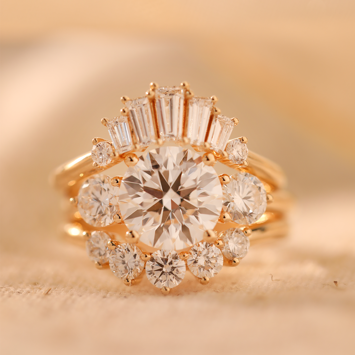 18K Yellow Gold 2.5ct Round Lab Diamond Round Prong Basket Three-stone Engagement Ring with Two Ring Enhancers in Bridal Ring Set Design 18K Yellow Gold 2.5ct Round Lab Diamond Round Prong Basket Three-stone Engagement Ring with Two Ring Enhancers in Bridal Ring Set Design
